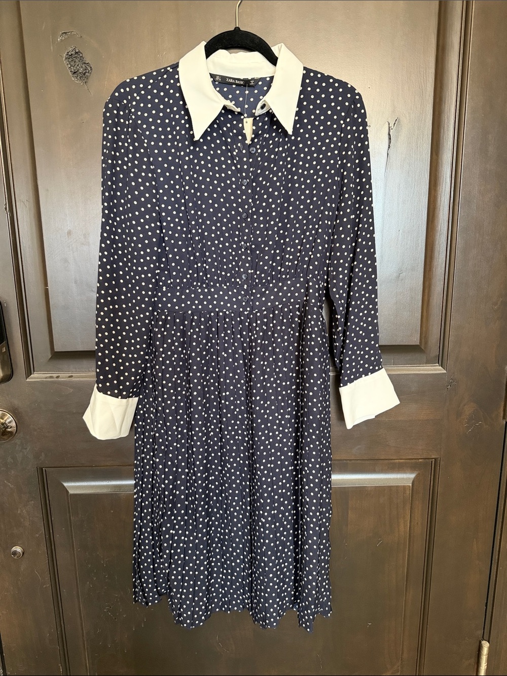 Zara Dark Blue Pleated Polka Dress with White Collar Size L NWT